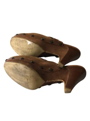 Cole Haan Studded Brown Suede Mules Buckle Wooden Block Heel 7.5 thumbnail 5