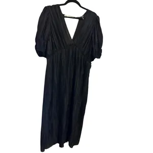 Black Midi Dress With Puff Sleeves & V-Neck By Anthropologie‎ L thumbnail 3