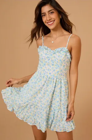 Altar'd State White Blue Eloise Floral Mini Dress Ruffle Hem Large Cottagecore thumbnail 1