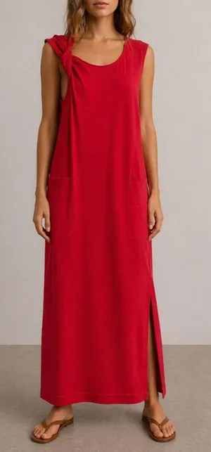 Free People Beach Drew Tee Dress Barbados Cherry Red Twist Sleeve Midi Sz Small thumbnail 1