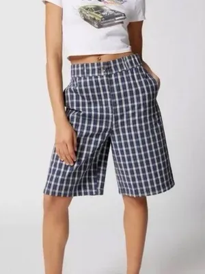Urban Outfitters Playa Plaid Longline Shorts Size Large Blue White Relaxed Baggy thumbnail 1