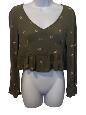 Arizona Jeans Green Pink Floral Peplum Crop Top Long Sleeve‎ Small Boho Y2K 90's thumbnail 1