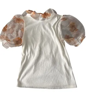 Willow Cream Knit Top with Sheer Copper-Orange Floral Puff Sleeves thumbnail 1