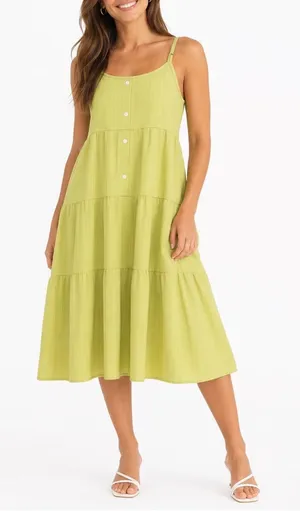 Lime Green Tiered Mini Sundress Adjustable Straps Striped Button Front Large thumbnail 1