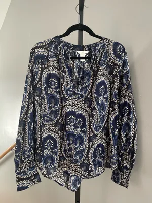 H&M 100% Cotton Paisley Floral Boho Navy Blue Peasant Blouse Size XL thumbnail 2