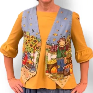 Vintage Handmade Reversible Vest Autumn Pumpkin‎ Scarecrow Farmhouse Blue Orange thumbnail 9