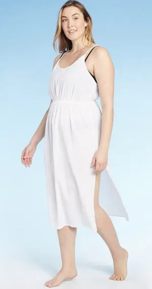 NWT Women's Sunn Lab Swim White Cinch Waist Cover-Up Dress Sz Medium thumbnail 1