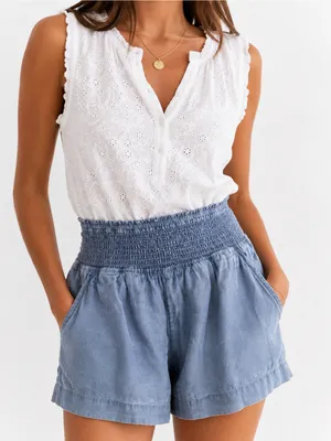 Joie Blue Lyocell Smocked High Rise Pull On Shorts Pockets Size Small thumbnail 1