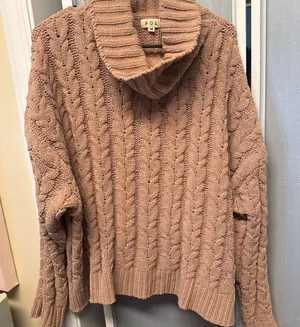 POL Clothing Cowl Neck Cable Knit Chenille Sweater in Salmon thumbnail 1