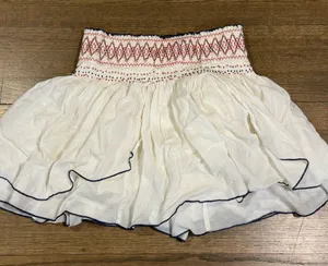 Free People Red Off White Blue Gauze Beaded Embroidered Smocked Mini Skirt: L thumbnail 1