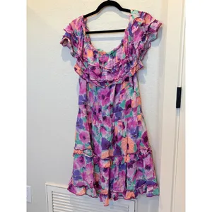 BTFL-Life Off-the-Shoulder Floral Mini Dress Purple Pink Ruffle Smocked Large thumbnail 2
