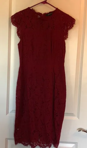 Merokeety Lace Floral Overlay Dress Wine Color Size Small thumbnail 1