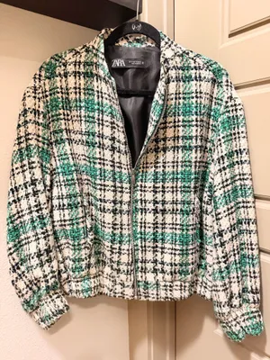 Zara Plaid Tweed Bomber Jacket thumbnail 5