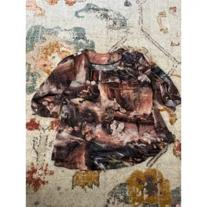 Vintage Sheer Landscape Floral Beaded Blouse Brown Earthy Art Print Top thumbnail 2