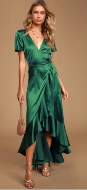 Lulus Love Of Your Life Dark Green Satin Ruffled Wrap Maxi Dress M thumbnail 1