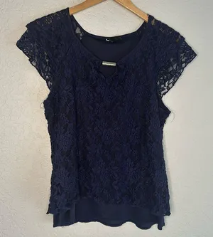 Witchy Lace Midnight Blue Top Flutter Sleeve Whimsigoth Goth Fall Halloween thumbnail 1