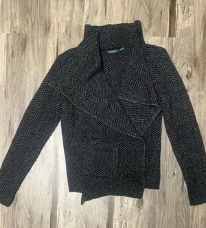 Lauren Ralph Lauren Gray Herringbone Asymmetric Open Front Cardigan Knit PS thumbnail 1