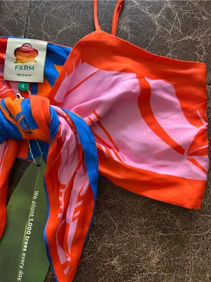 Farm Rio Mixed Rainbow Toucans Crop Top Blue Orange Pink Tie-Front Bra Top thumbnail 4