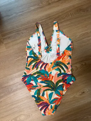 Jessica Simpson Tropical Leaf Ring-Front Swim Top - Teal, Orange, Coral thumbnail 2