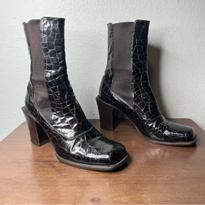 VTG Michael Perry Dark Brown Leather Crocodile Square Toe Block Heel Ankle Boots thumbnail 2