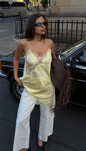 Zara Lace-Trim Satin Cami Top in Pale Butter Yellow thumbnail 1