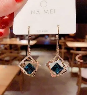 Blue Crystal Square Dangle Drop Earrings for Women Gold thumbnail 1