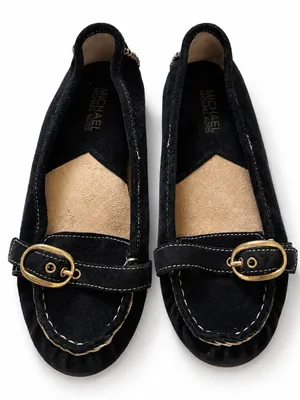 MICHAEL Michael Kors Black Suede Loafers with Gold Buckle thumbnail 1