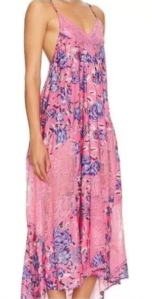 Free People Women's First Date Printed‎ Maxi Slip in sweet pink Medium thumbnail 1