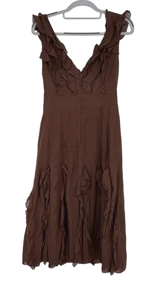 Vintage Intuitions Brown Ruffle Dress Cotton Boho Prairie Midi‎ Size 8 thumbnail 1