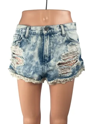 Forever 21 Blue Acid Wash Distressed Raw Hem Cut Off Denim Jeans Shorts Size 30 thumbnail 1