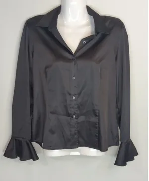 Vintage Polo Jeans Ralph Lauren Black Satin‎ Ruffle Cuff Blouse SMALL 90s y2k thumbnail 1