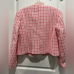 ZARA Houndstooth Tweed Crop Pink White Blazer thumbnail 4