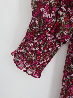 Draper James RSVP Smocked Floral Dress L Burgundy Metallic Long Sleeve Cottageco thumbnail 9
