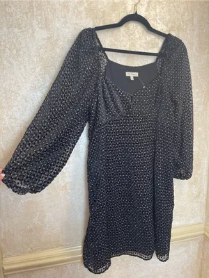 Du Paradis Black Velvet Dot Sheer Sleeve Square Neck Party Dress Size M thumbnail 2