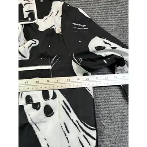 Black Ghost Print Pajama Set Women Large Long Sleeve Button Down Halloween PJs thumbnail 4
