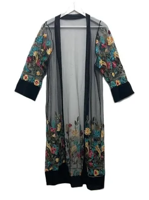 Women Floral Embroidered Mesh Long Jacket Cardigan Casual Coats Beach One Size thumbnail 1