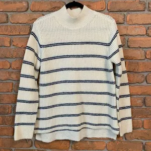 Maurices Womens Medium Sweater Ivory White Navy Striped Mock Neck‎ Ribbed Knit thumbnail 1