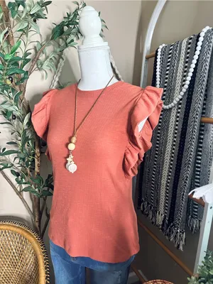 Grace + Karma Rust Burnt Orange Ribbed Flutter Sleeve Top Small Fall Boho thumbnail 2