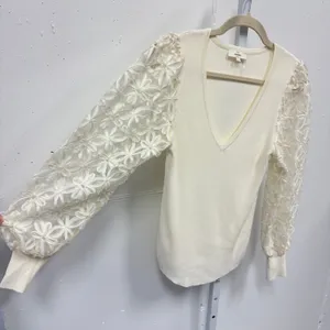 Entro Cream Ribbed V-Neck Sweater‎ Floral Lace Balloon Sleeve Top T19885 Large thumbnail 4