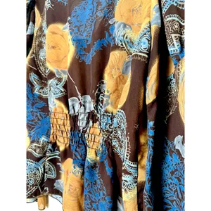 Vintage Y2K Floral Mesh Top Brown Blue Lace Up Bell Sleeve Sheer Blouse Size 7 thumbnail 5