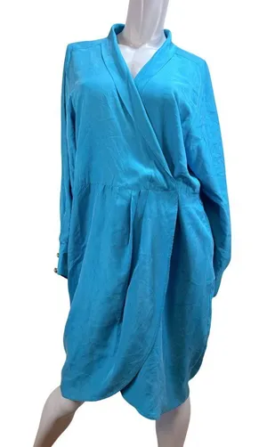 Drapey Wrap 100% Silk 80s Vintage Working Girl Dress Turquoise Sz 8 thumbnail 1