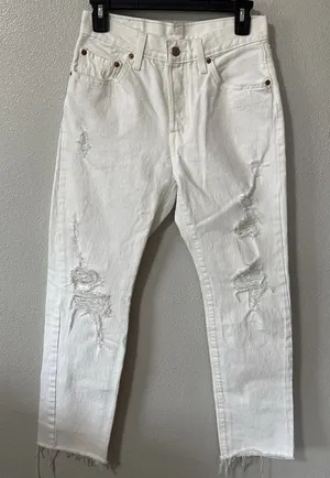 Levis 501 Jeans White Distressed Button Fly Women's Size‎ 26x30 Straight Raw Hem thumbnail 1