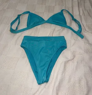 Xhilaration Teal Ribbed Triangle Bikini Set thumbnail 1