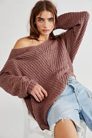 FREE‎ PEOPLE Sunset V-neck Sweater in Brown Chucky Knit Oversized Ribbed Knit thumbnail 1