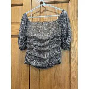 Anthropologie Leopard‎ Mesh Ruched Off Shoulder Top Brown Black Medium thumbnail 4