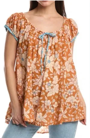 Free People Boho Floral Tunic Top Orange S Cotton Tie Neck Cap Sleeve Ruffle Hem thumbnail 1