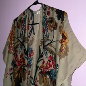 Tan Boho Floral Ruana Longline Shawl Lightweight Wrap thumbnail 5