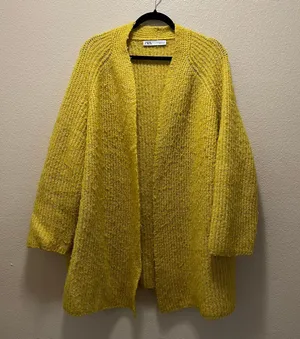 ZARA Chunky Knit Cardigan Sweater Oversized Mustard Yellow Open Front Sz Medium thumbnail 2