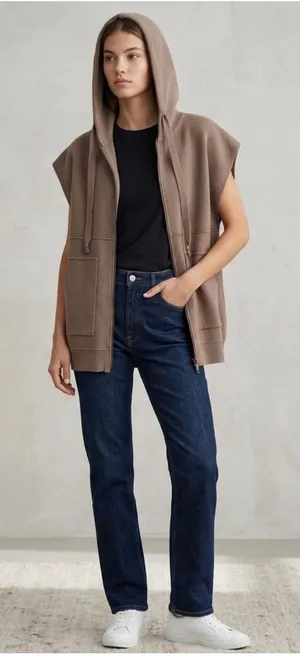 Zara Brown Sleeveless Oversized Full Zip Hooded Sweater Vest, Medium thumbnail 1