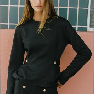 Zara NWT charcoal monk long sleeve gold button detail twill peplum top thumbnail 1